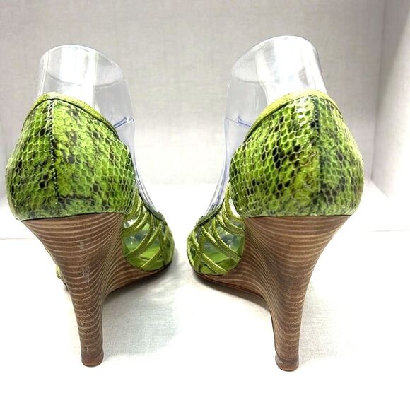 Y2K Steve Madden peep toe green reptile wedges Academia size 8.5 - Picture 3 of 9
